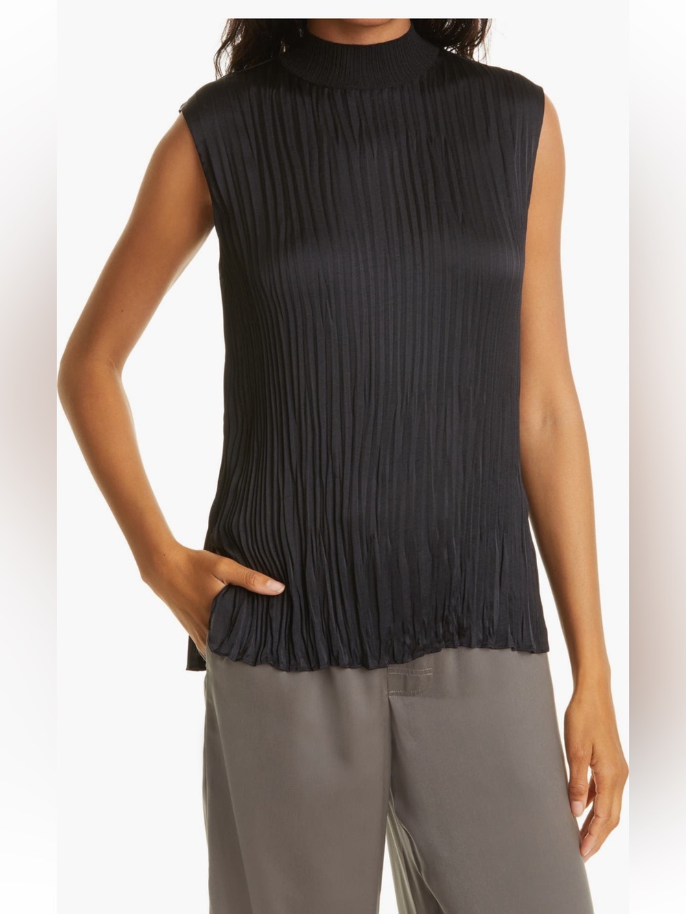 Vince Plissé Mock Neck Shell Sleeveless Top Blouse Shirt Black XL NWT